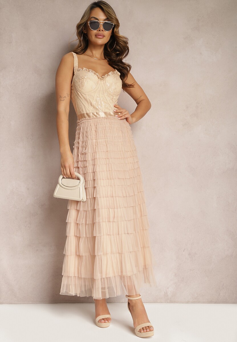 Beżowa Maxi Sukienka Rozkloszowana Sukienka na Ramiączkach z Gorsetową Górą Ocartia