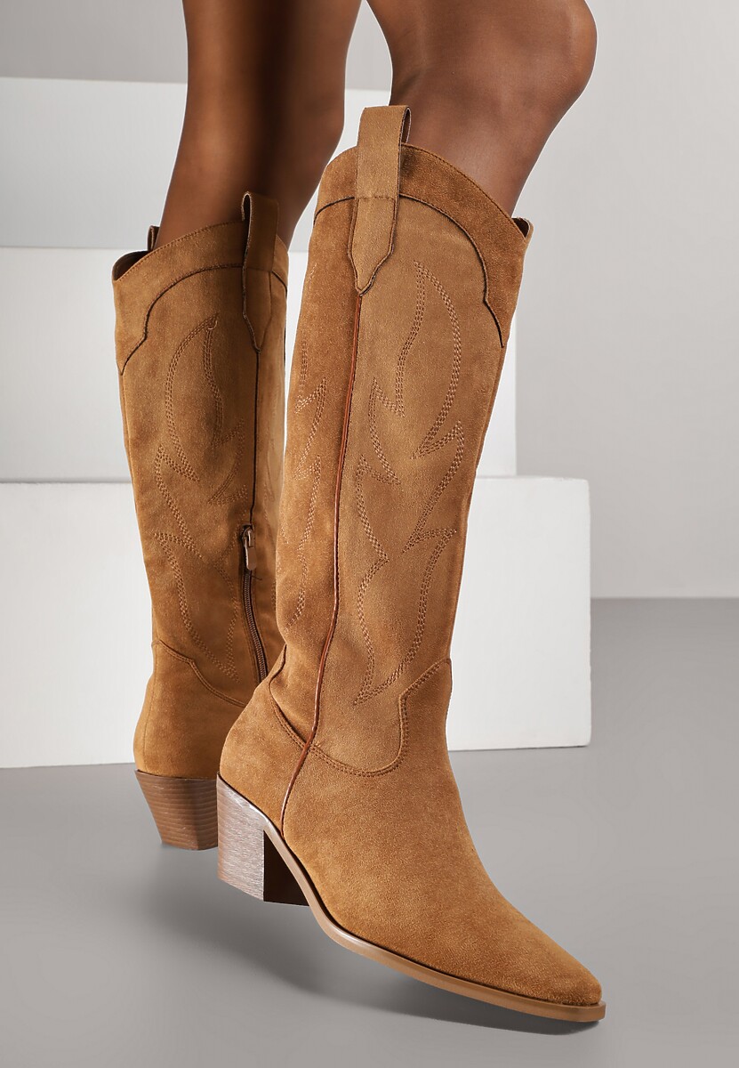 Jasnobrązowe Haftowane Kozaki Kowbojki na Stożkowym Obcasie Galianna