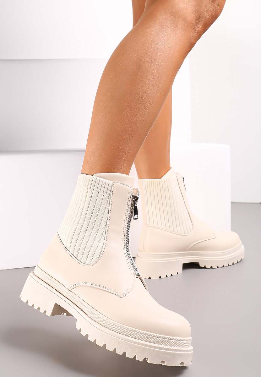 Jasnobeżowe Botki Workery z Suwakiem z Przodu i Dzianinową Cholewką Jakise