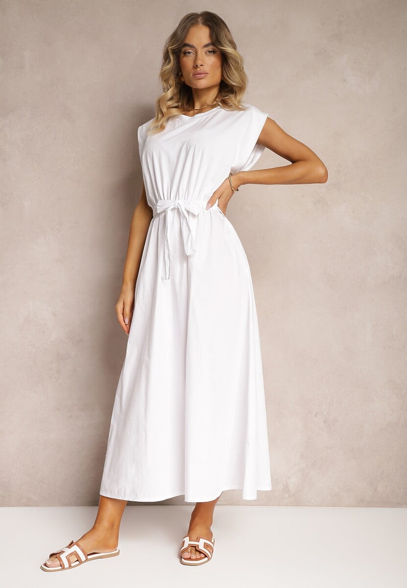 Biała Rozkloszowana Sukienka z Bawełny Przewiązana Paskiem Wlasis