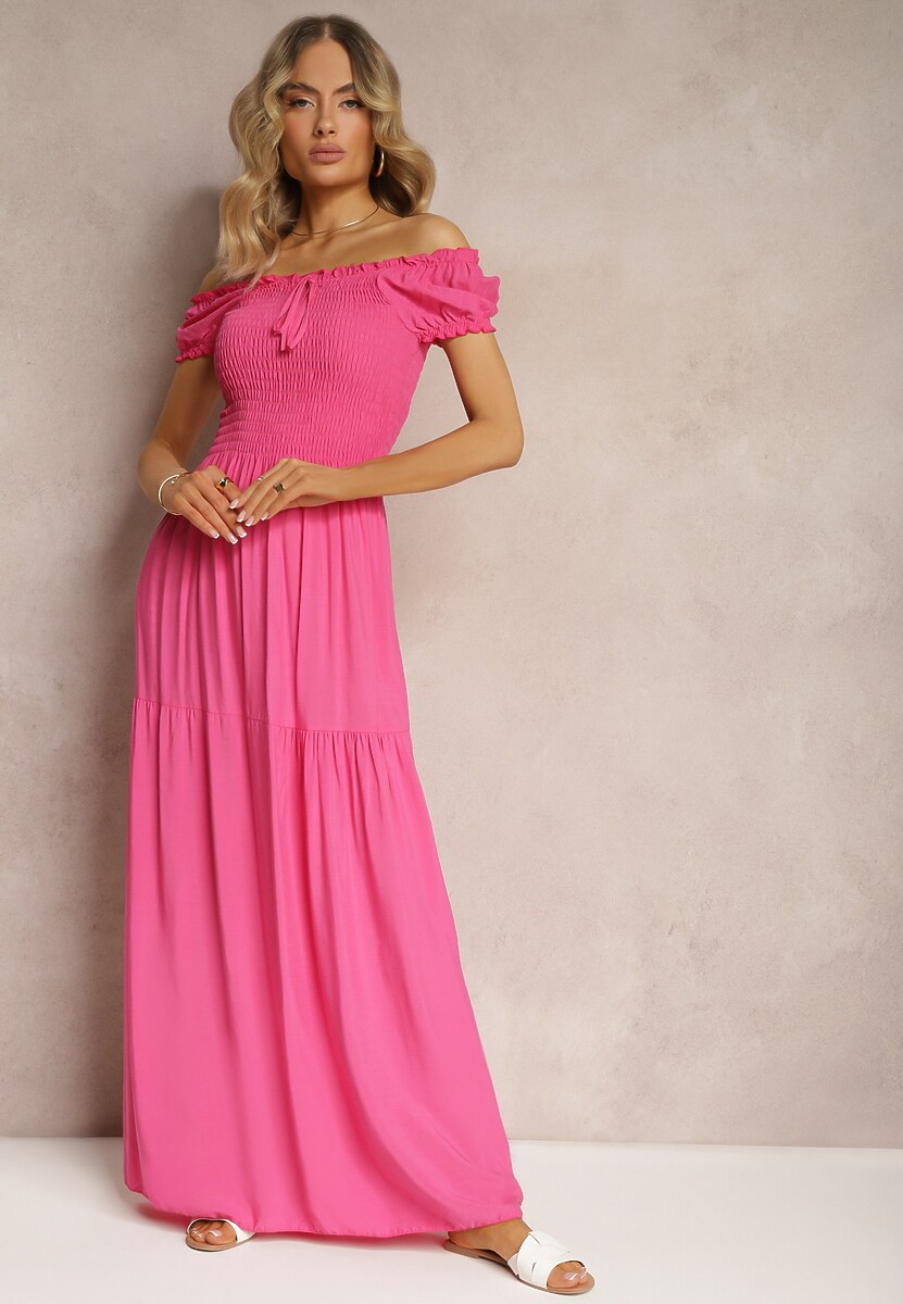 Jasnozielona Sukienka Hiszpanka z Wiskozy z Górą Marszczoną Gumkami Moallme