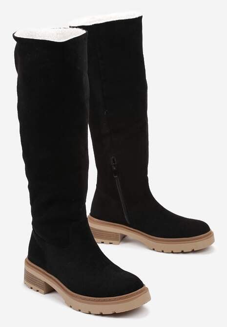 Czarne Płaskie Kozaki z Futerkiem Typu Baranek Wewnątrz Caliares