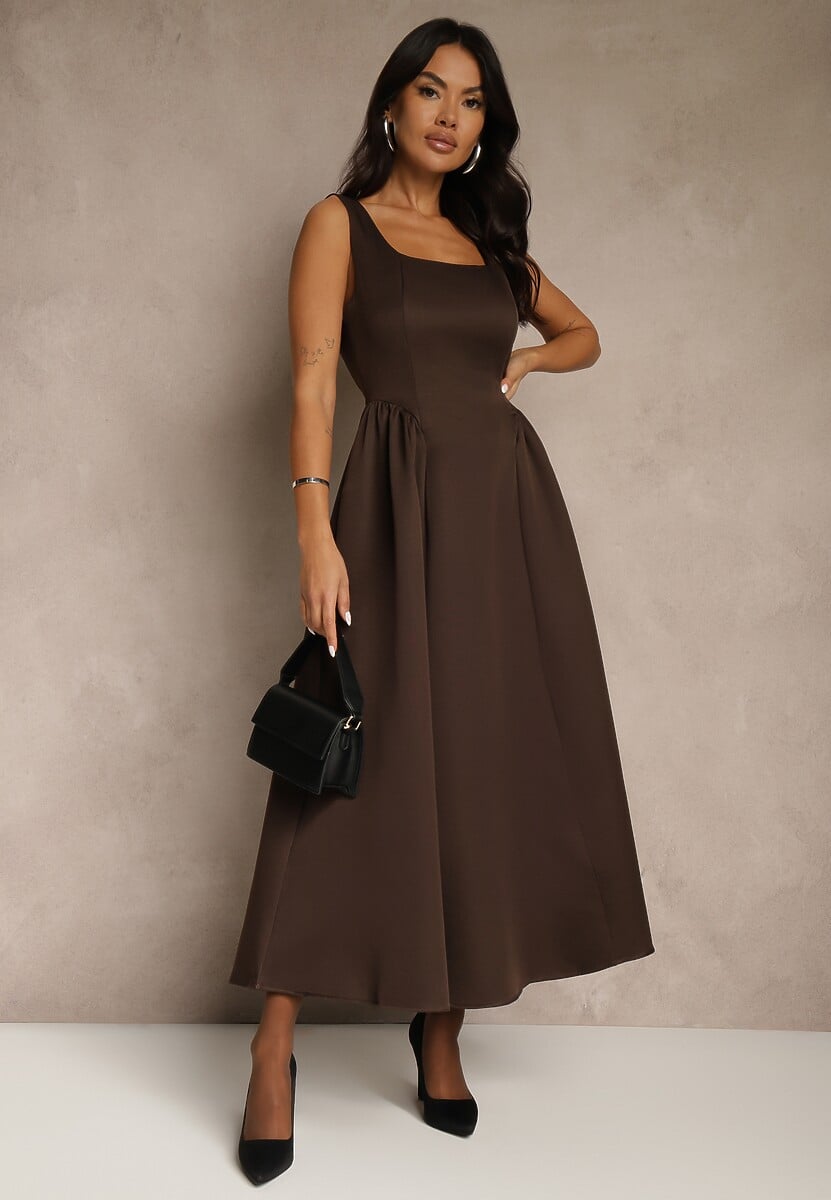 Brązowa Sukienka o Rozkloszowanym Kroju na Szerokich Ramiączkach Retelina