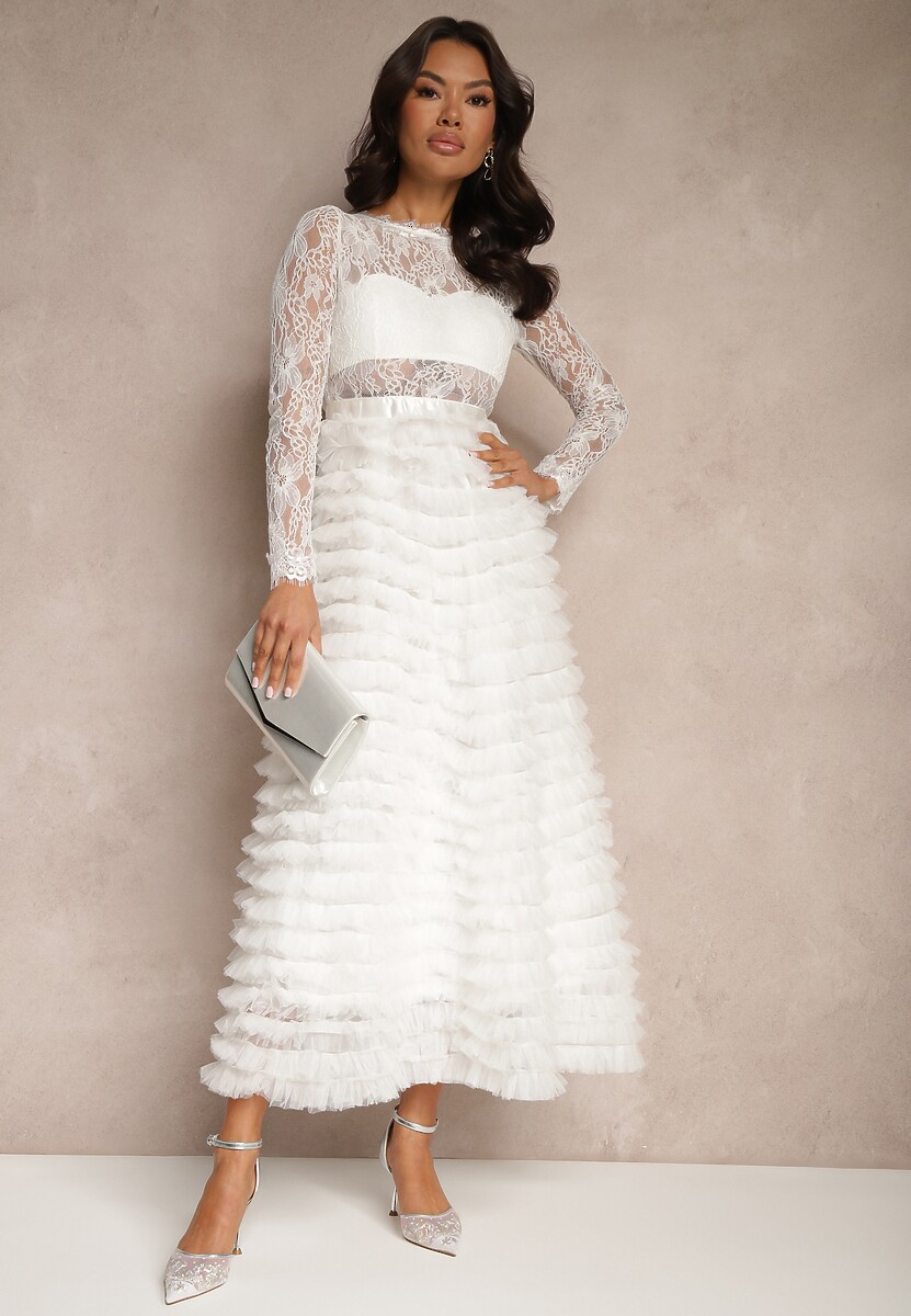 Biała Koronkowa Sukienka Maxi o Rozkloszowanym Kroju z Tiulowymi Falbankami Sivina