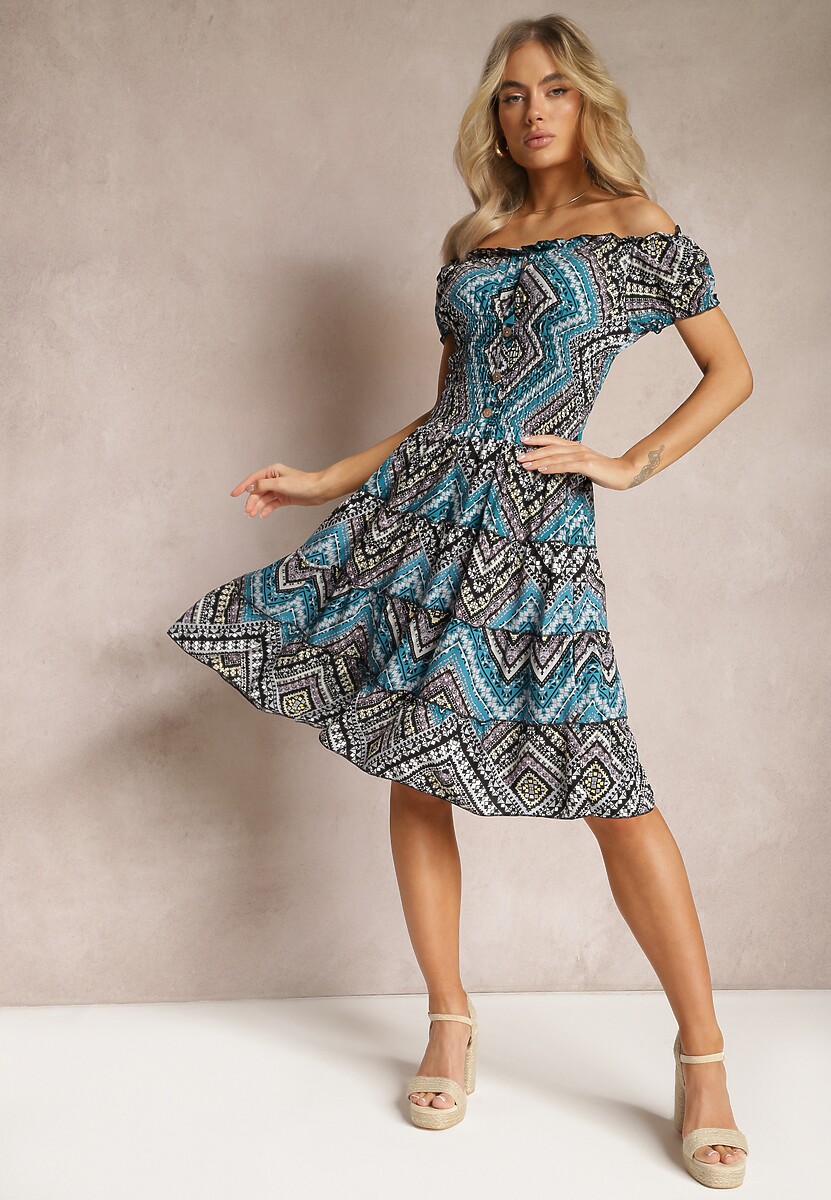 Czerwona Elastyczna Sukienka Boho z Hiszpańskim Dekoltem z Bawełny  Solphina