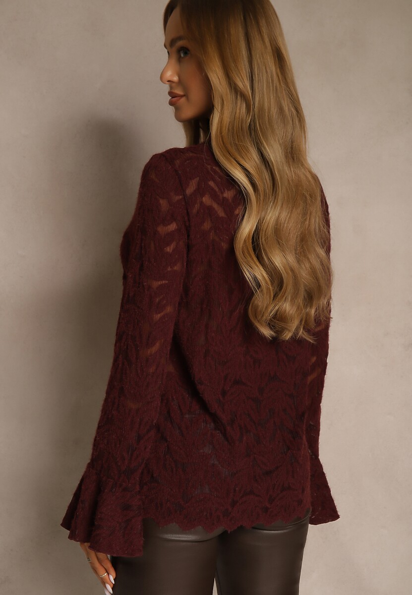 Bordowa Bluzka z Koronki ze Stójką i Falbankami przy Rękawach Nemira