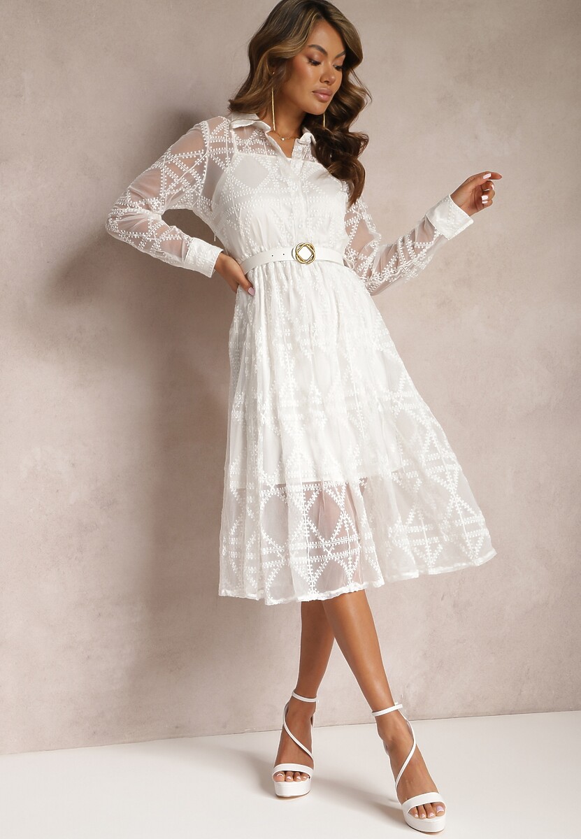 Jasnobeżowa Haftowana Sukienka Midi z Paskiem Binaela