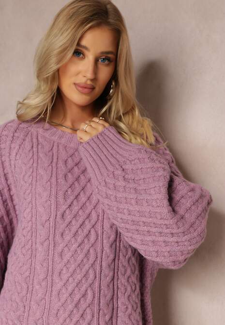 Fioletowy Długi Sweter Ozdobiony Drobnym Splotem Killoe