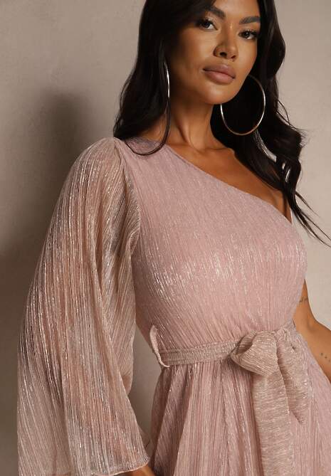Różowa Asymetryczna Sukienka z Metalicznymi Przeszyciami i Wiązanym Paskiem Arhellia