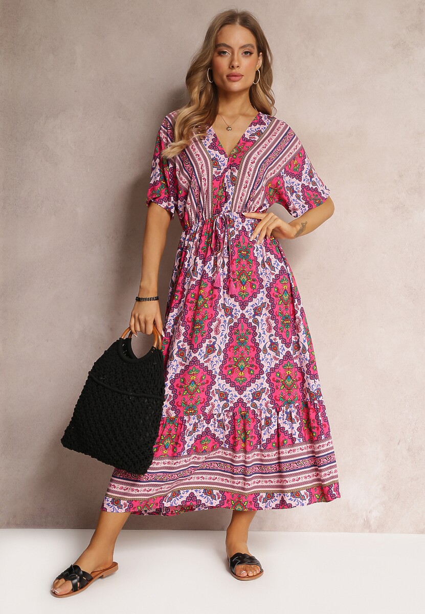 Fuksjowa Wiskozowa Sukienka Maxi z Gumką w Pasie i Falbanką Cophine