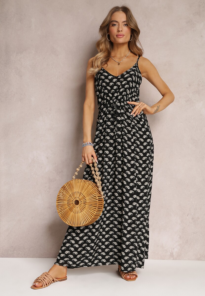 Czarna Sukienka Maxi na Ramiączkach z Wiskozy Satha