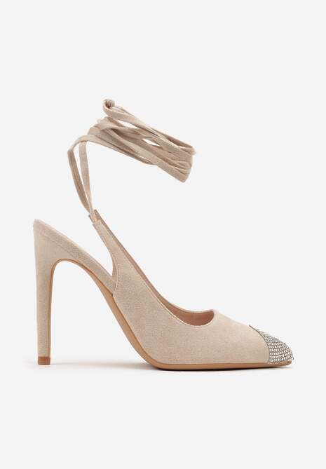 Beżowe Sandały z Noskiem Ozdobionym Cyrkoniami i Wiązaniem wokół Łydki na Szpilce Hlienoma