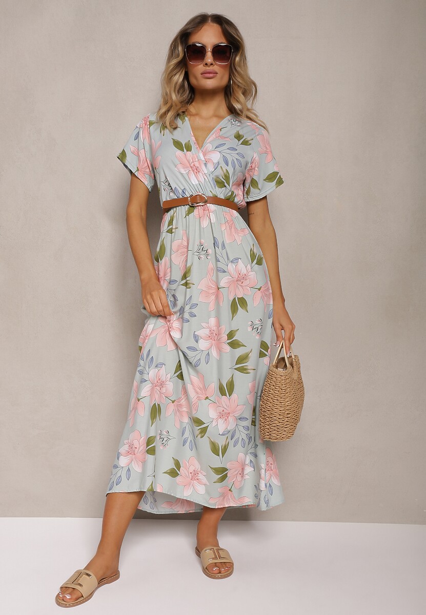 Jasnozielona Taliowana Sukienka w Kwiaty z Dodatkiem Bawełny z Kopertowym Dekoltem Navianes