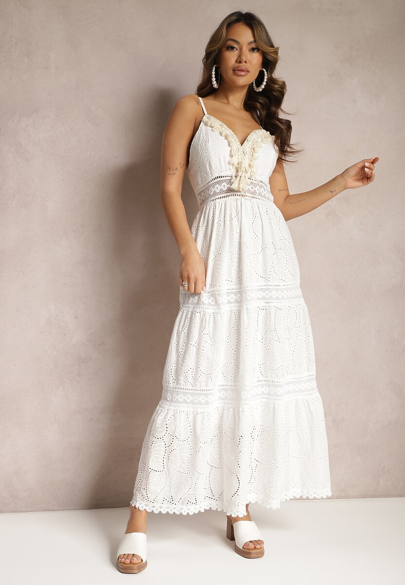 Biało-Beżowa Haftowana Sukienka Bawełniana w Stylu Boho Tirinassa