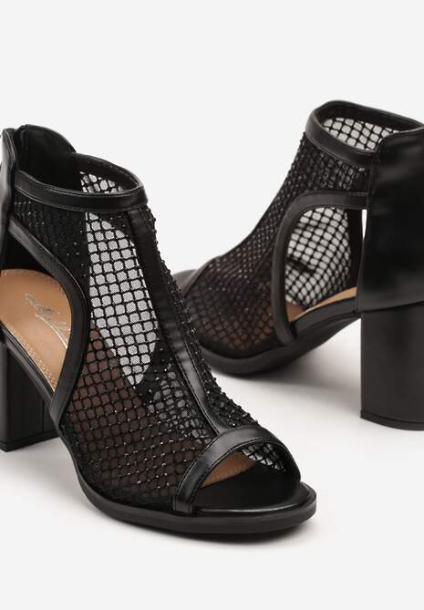 Czarne Siateczkowe Sandały Stylizowane na Botki na Obcasie z Cyrkoniami Senarila