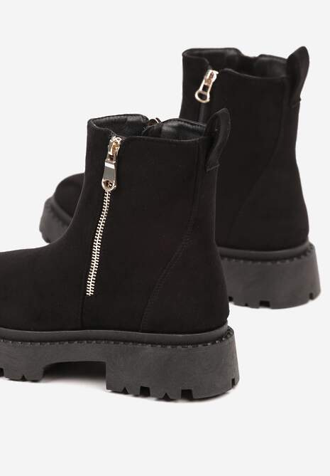 Czarne Płaskie Botki z Ekozamszu z Suwakiem Tinaferr