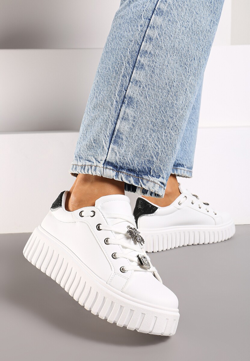 Biało-Czarne Sneakersy na Platformie Ozdobione Metaliczną Wstawką i Aplikacjami z Cyrkonii Qulina