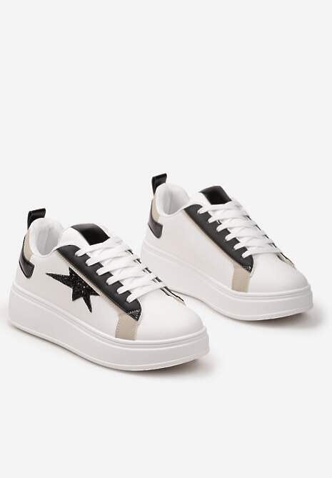 Biało-Czarne Sneakersy na Platformie Ozdobione Gwiazdką z Brokatem Nislemia