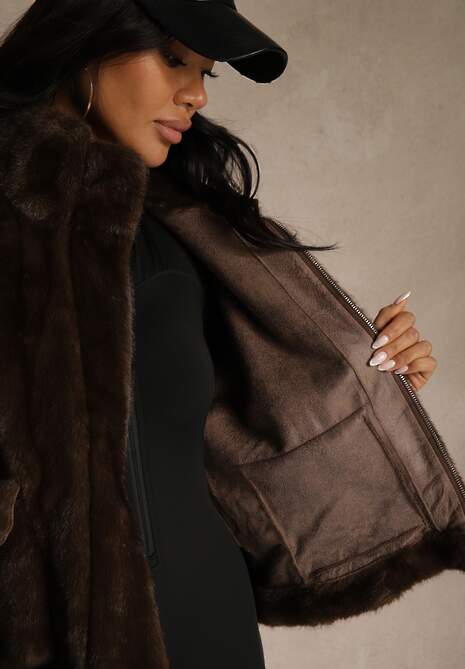 Brązowa Kurtka Futerko z Ozdobnymi Kieszeniami Vetiline