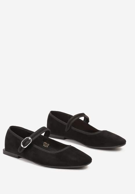 Czarne Balerinki z Zapięciem na Sprzączkę i Kwadratowym Noskiem Loratie