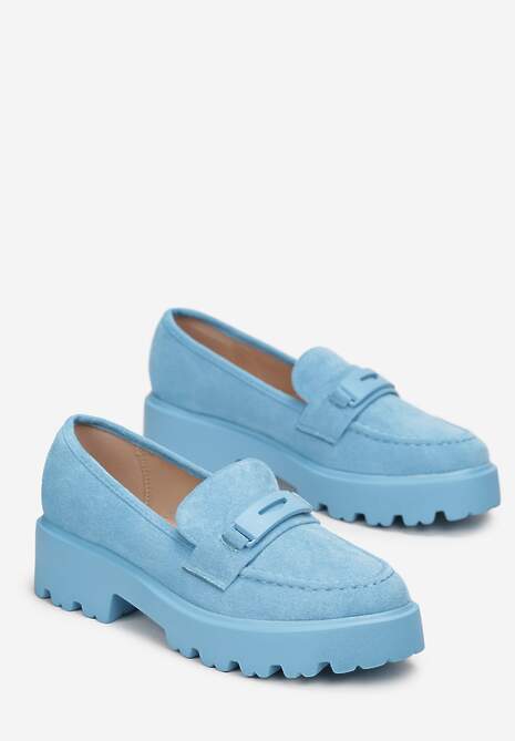 Niebieskie Mokasyny na Grubej Podeszwie z Cholewką z Przeszyciami Hamaira