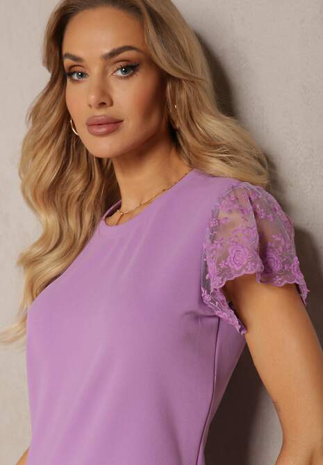 Fioletowa Casualowa Sukienka Ozdobiona Koronką na Rękawku Haaklanda