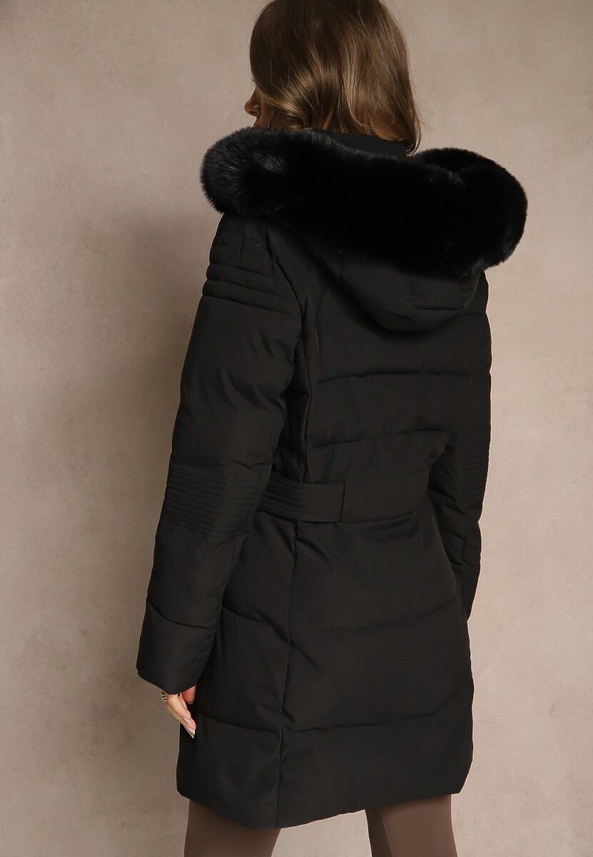 Czarna Pikowana Kurtka Zimowa z Kapturem z Futerkiem Goella