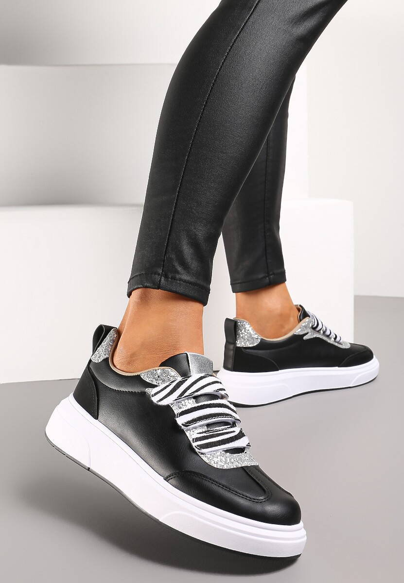 Biało-Srebrne Sneakersy z Brokatową i Metaliczną Wstawką i Zapięciem na Rzep Tinarima