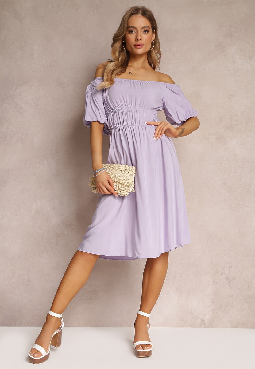 Fioletowa Sukienka Midi Hiszpanka z Wiskozy z Odkrytymi Ramionami i Gumką w Talii Tasete