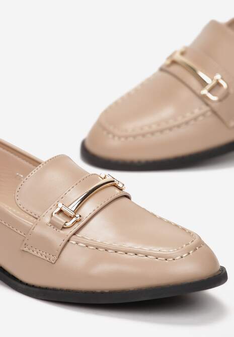 Ciemnobeżowe Mokasyny na Płaskiej Podeszwie z Ozdobnym Paskiem Catharine