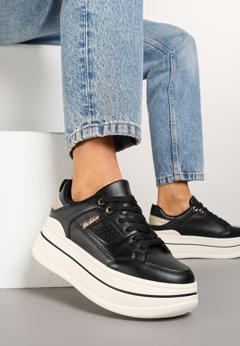 Czarne Sneakersy z Brokatem na Platformie Larinea
