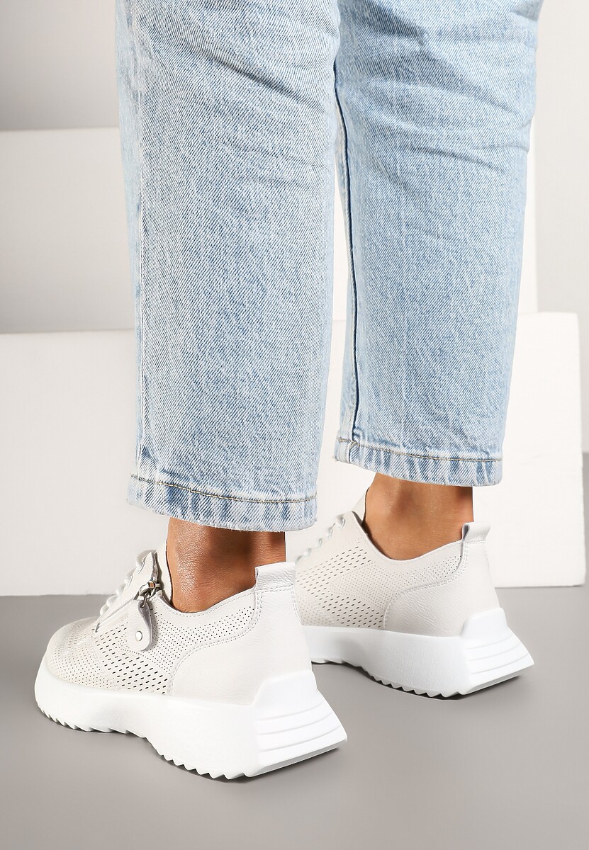 Białe Sneakersy Skórzane Ozdobione Suwakiem Ivelami