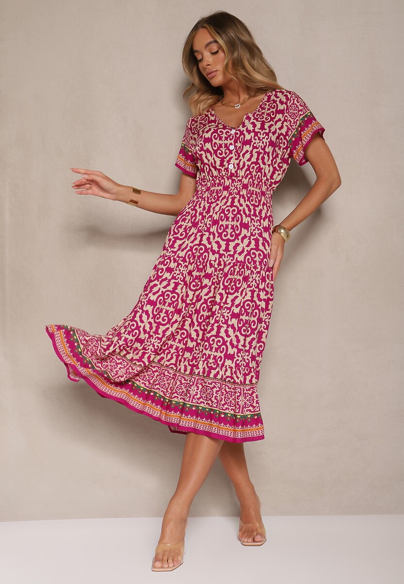 Fioletowa Sukienka z Bawełny z Gumką w Pasie i Ozdobnymi Guzikami Natifarela