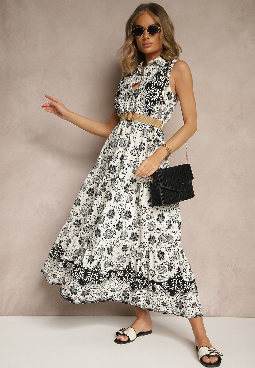 Czarna Koszulowa Sukienka Bez Rękawów z Bawełny z Paskiem z Klamrą Mirasitia