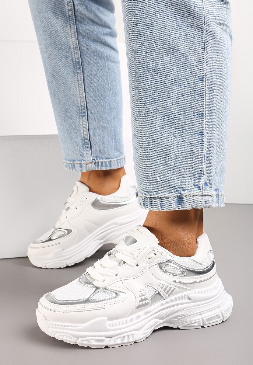 Białe Sneakersy na Tłoczonej Podeszwie z Ozdobnymi Wstawkami Lanevi