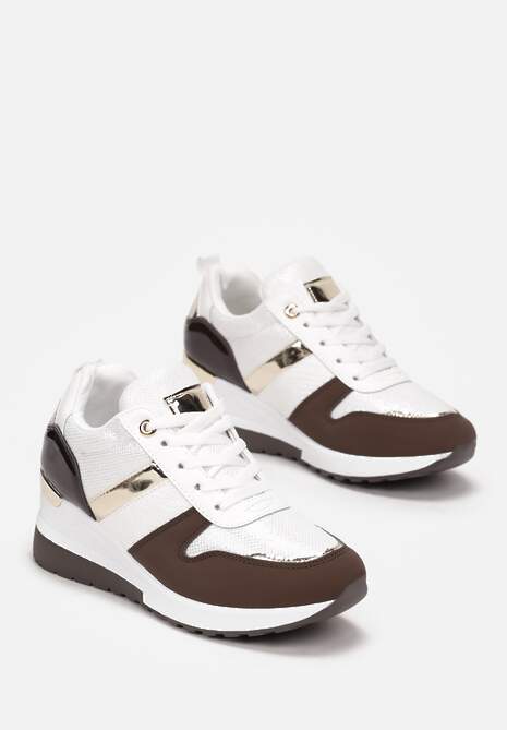 Biało-Brązowe Sznurowane Sneakersy z Ozdobnymi Wstawkami i Koturnem Zharo