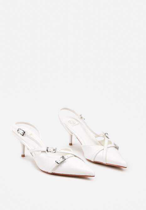 Białe Sandały na Niskiej Szpilce bez Pięty z Klamerkami Dimola