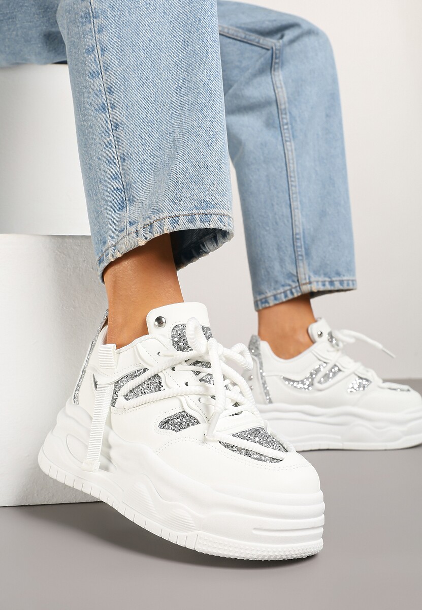 Białe Sneakersy w Streetwearowym Stylu na Tłoczonej Platformie z Brokatem Mailienne