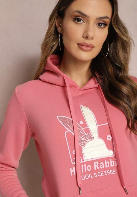 Różowa Bluza z Kapturem i Ozdobnym Nadrukiem Kliorre