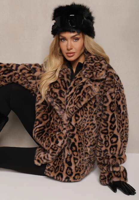 Brązowa Futrzana Kurtka w Panterkowy Print z Kieszeniami Delinnea
