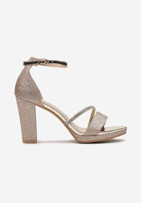Złote Sandały na Obcasie Ozdobione Brokatowym Połyskiem i Cyrkoniami Sevana