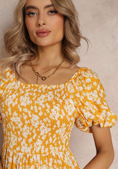 Żółta Trapezowa Sukienka Bawełniana w Kwiaty Cresenia