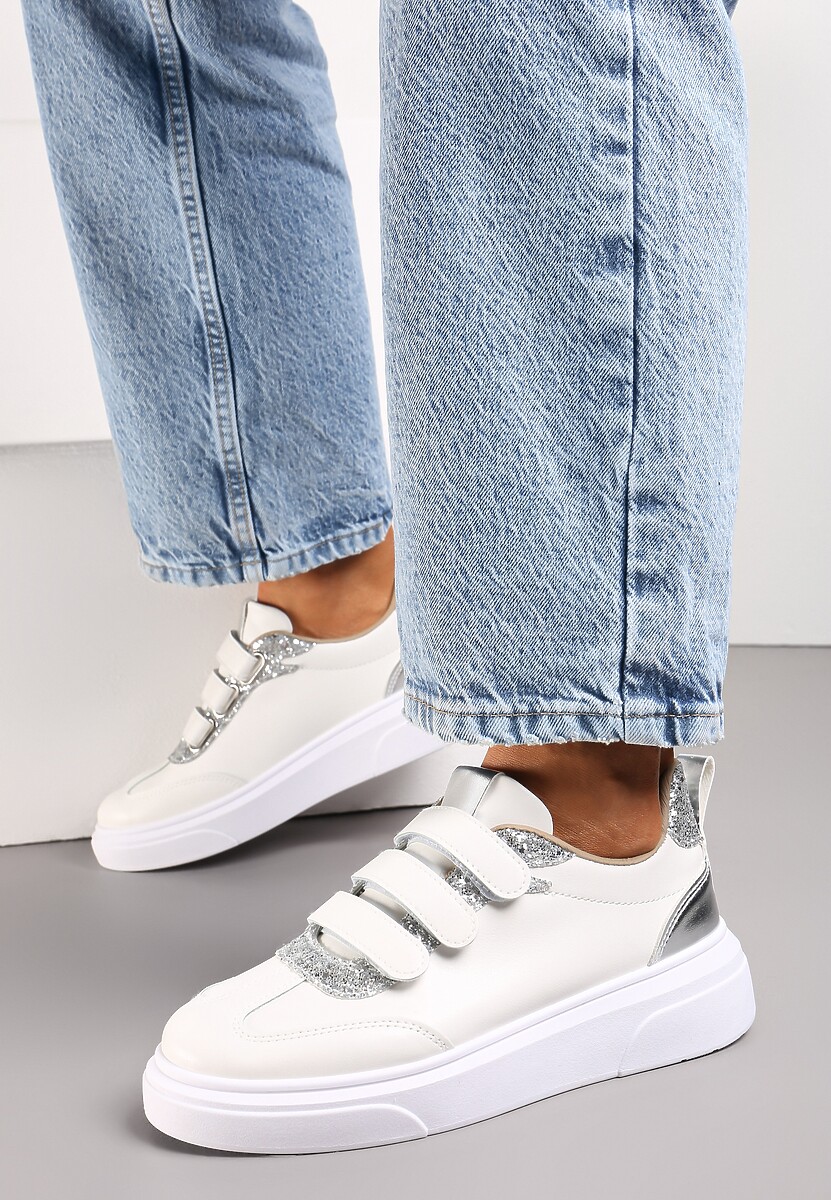 Biało-Srebrne Sneakersy z Brokatową i Metaliczną Wstawką i Zapięciem na Rzep Tinarima