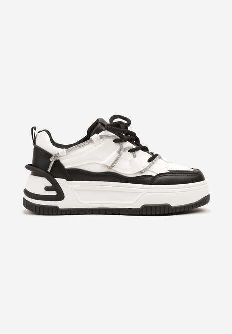 Biało-Czarne Sneakersy na Platformie z Paskiem z Cyrkonii Aneolin