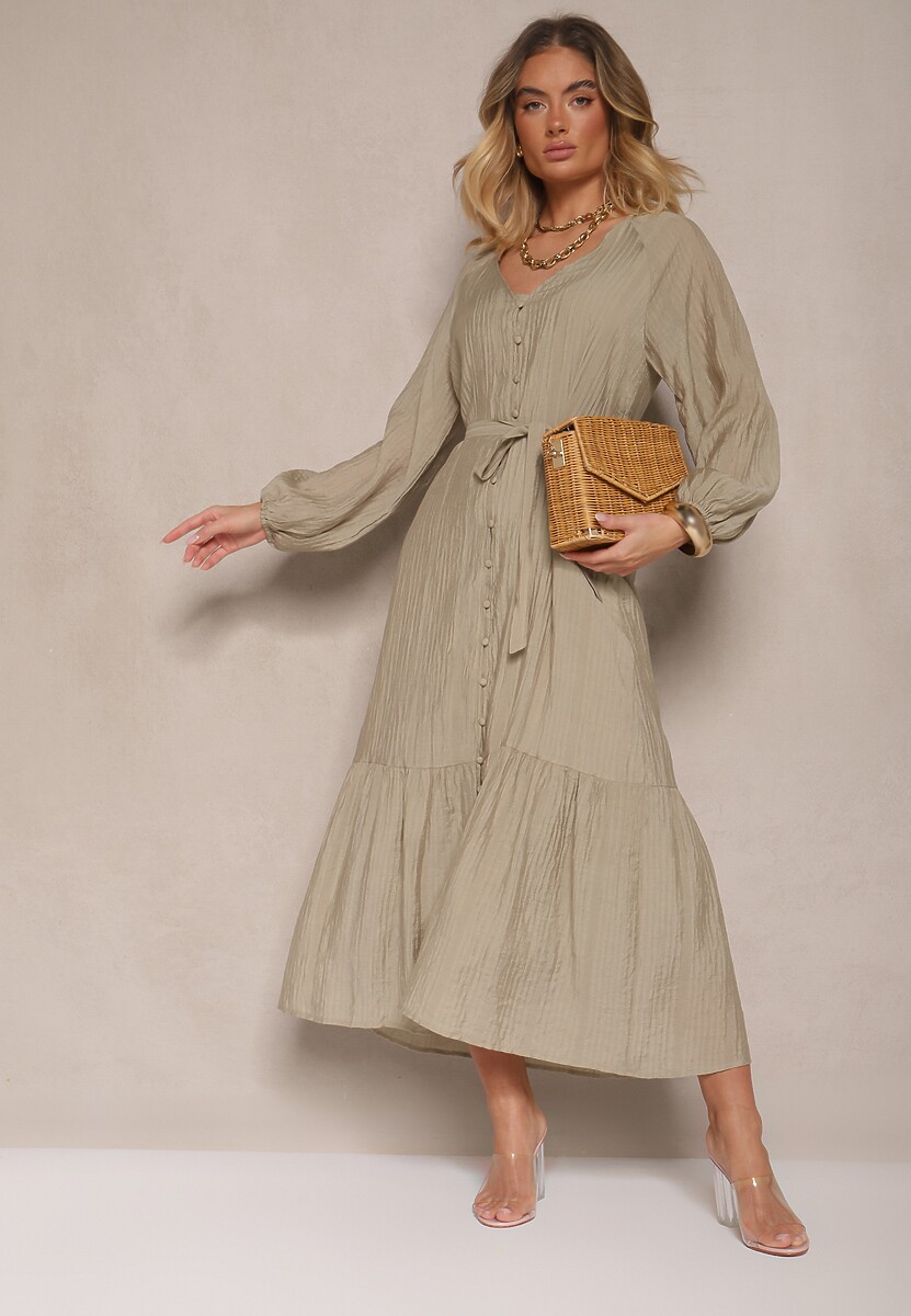 Ciemnozielona Sukienka z Wiskozy Taliowana z Rozkloszowanym Dołem o Koszulowym Kroju Emlio