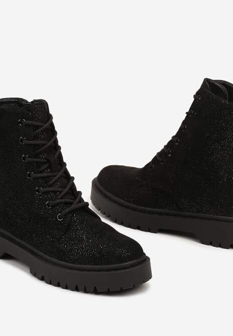Czarne Botki Workery na Płaskiej Podeszwie Ozdobione Brokatem Lilitia