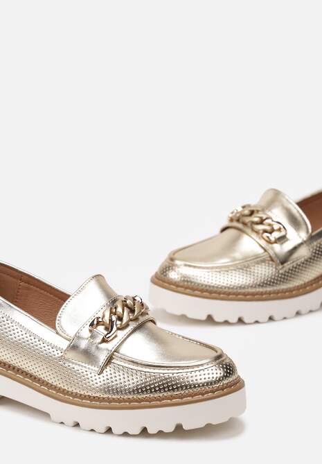Złote Mokasyny z Łańcuszkiem i Grubą Podeszwą Ferinla