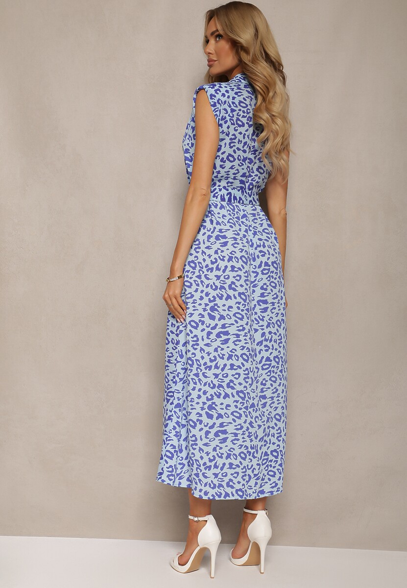 Niebieska Sukienka Koszulowa z Materiałowym Paskiem i Guzikami w Zwierzęcy Wzór Wospia