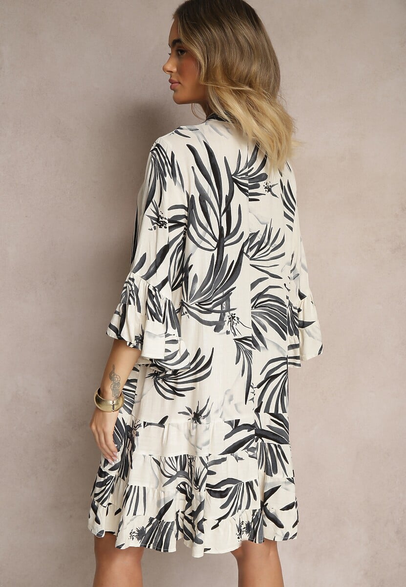 Ciemnoszara Rozkloszowana Sukienka z Wiskozy z Falbanami z Motywem Roślinnym Ridivaria