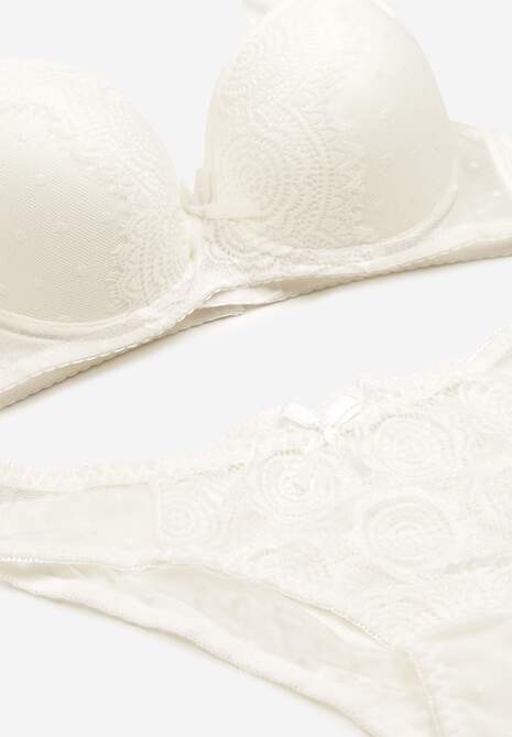 Jasnobeżowy Komplet z Koronki Majtki Typu Figi i Biustonosz z Kokardami i Usztywnieniem Arrbelia